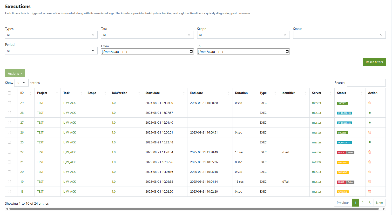 Execution tasks - ETL administration console