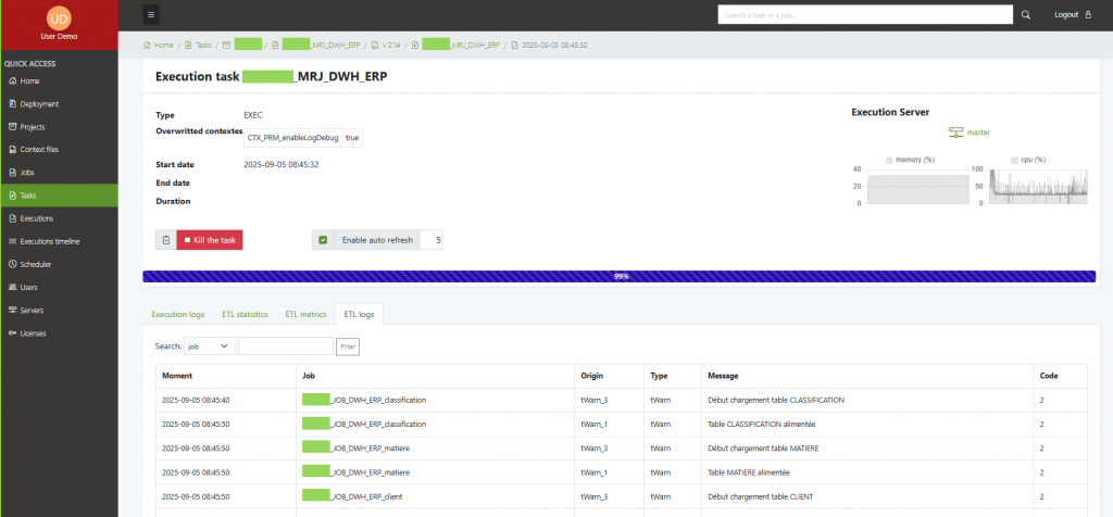eac execution task ETL logs list page new
