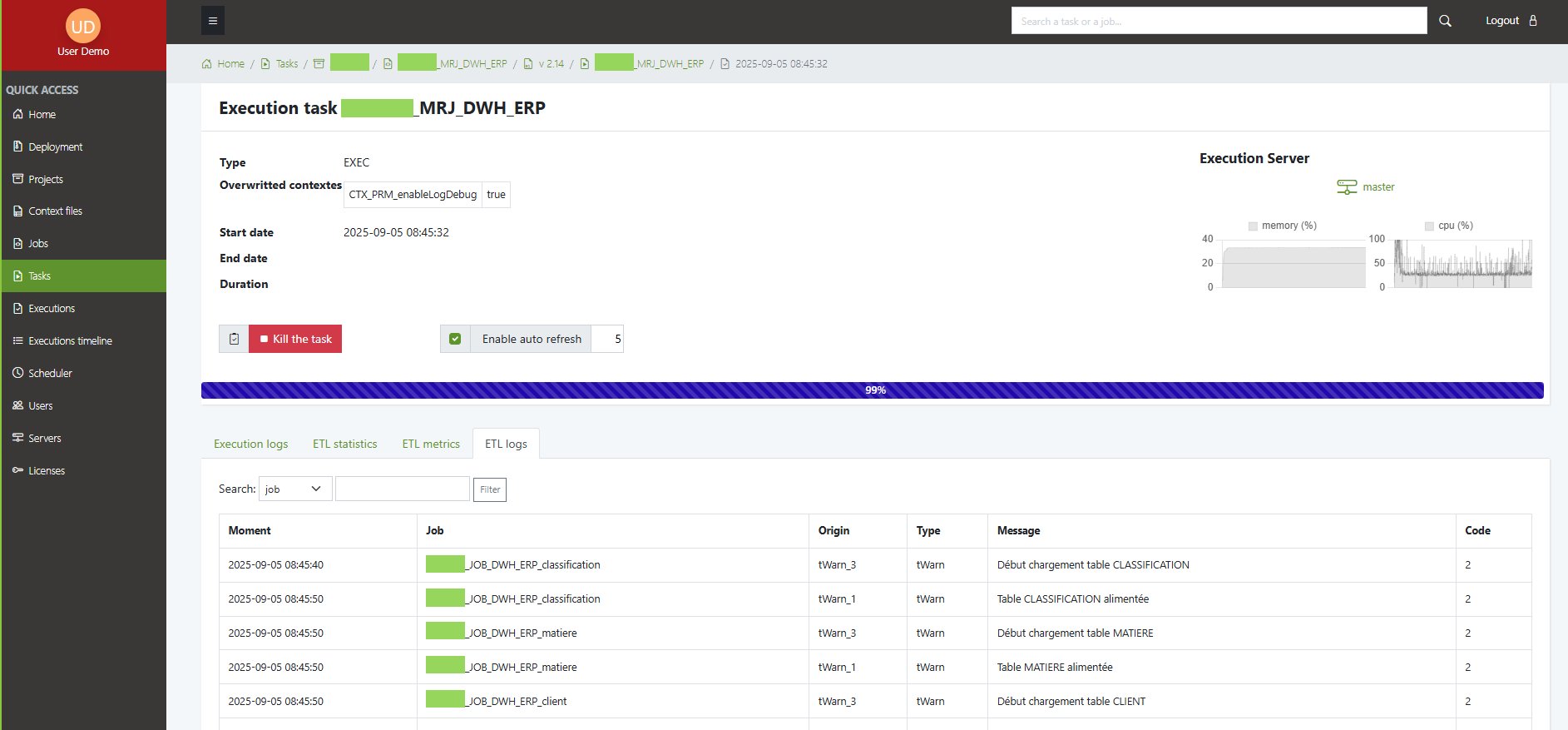 eac execution task ETL logs list page new