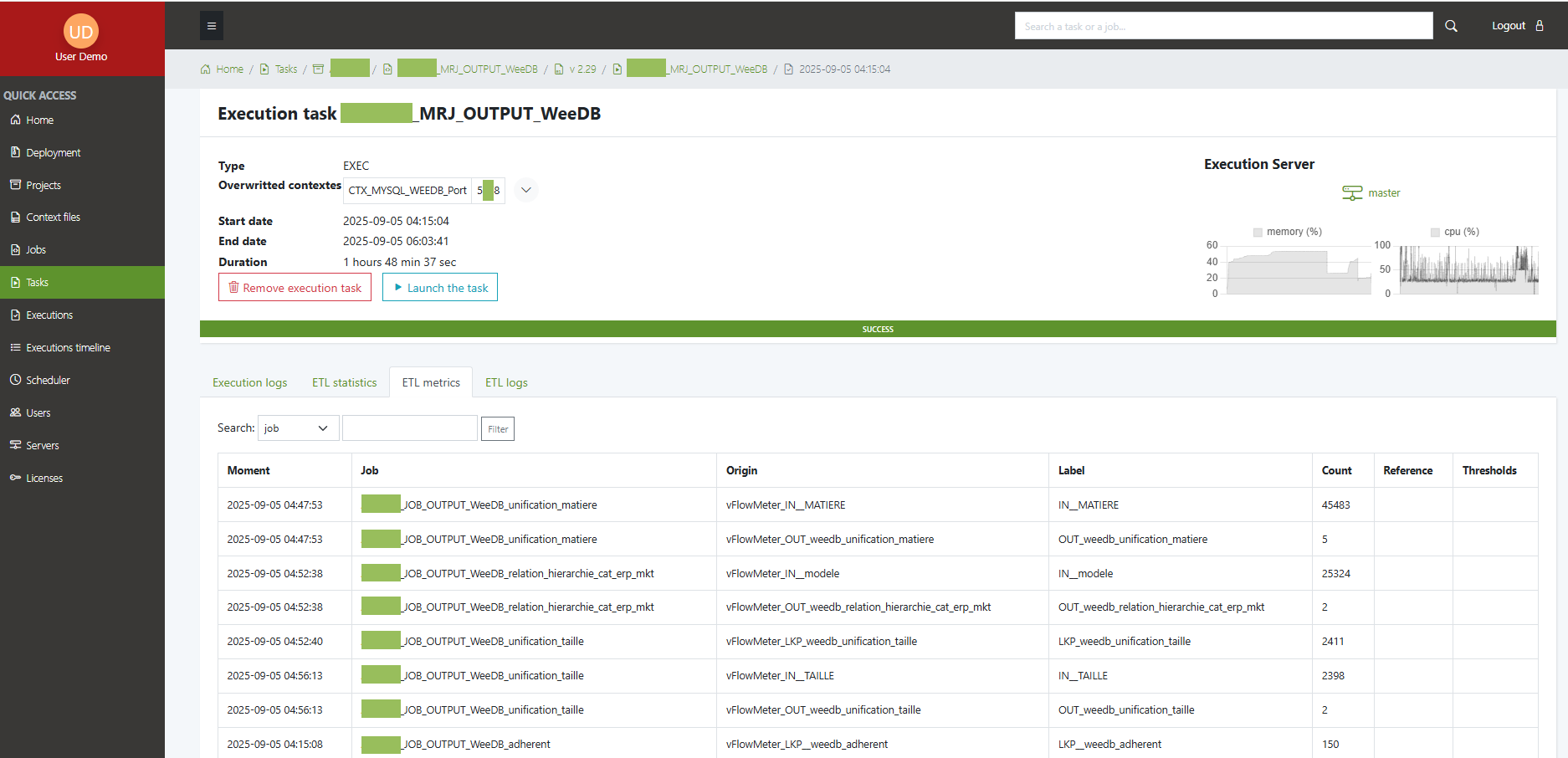 eac execution task ETL metrics list page new