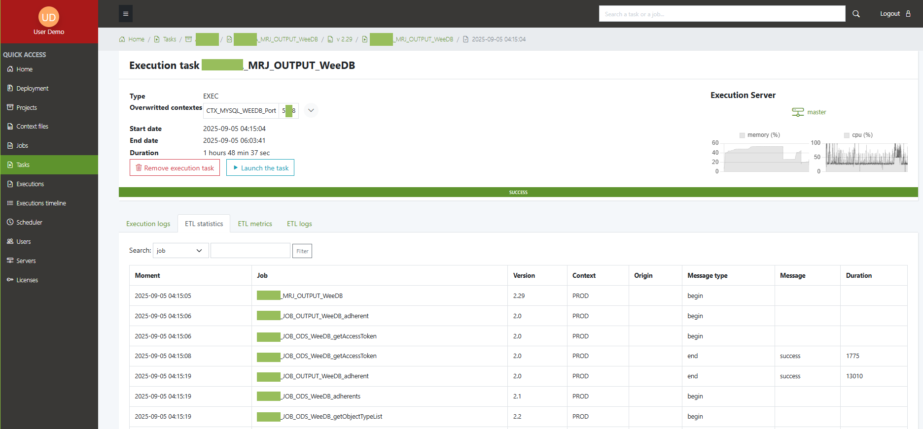 eac execution task ETL statistics list new